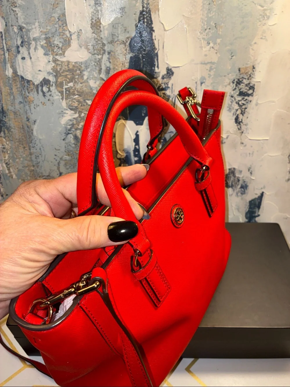 NWOT Tory Burch Bright Red Robinson Leather Satchel with Detachable Strap